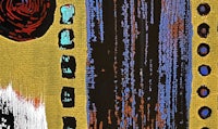 a painting with a yellow, blue, and red background