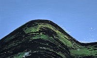 a painting of a green mountain with a blue sky