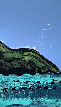 a painting of a green hill in the ocean