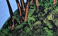 a painting of trees on a hill