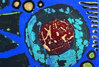 an abstract painting with red, blue, and green colors