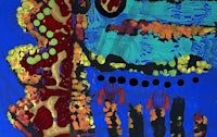 an abstract painting with red, yellow and blue colors