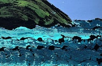 a painting of a blue and green wave in the ocean