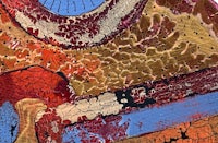 a painting with red, orange, and blue colors