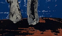 a painting of two people standing on top of a hill
