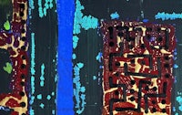 a painting with red, blue, and green colors