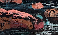 a painting of rocks and water at night